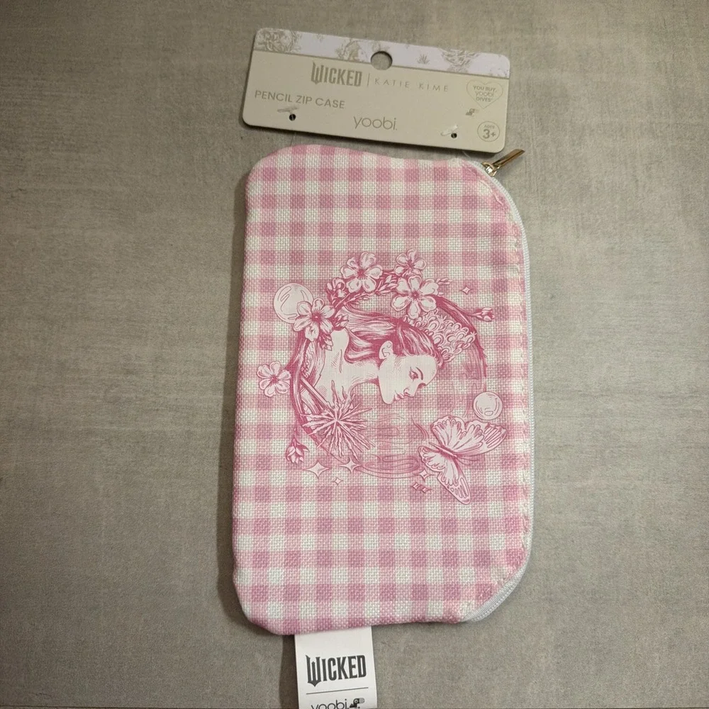 Yoobi Wicked Katie Kime Pencil Case Pink & Green Gingham Pattern Witchy NWT
